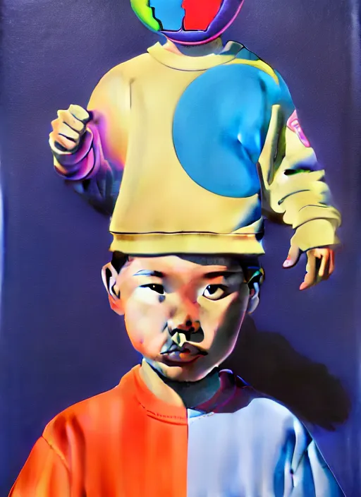 Prompt: streetwear kid by shusei nagaoka, kaws, david rudnick, airbrush on canvas, pastell colours, cell shaded, 8 k