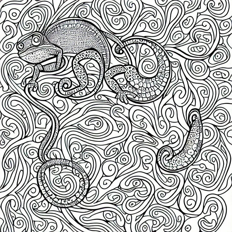 Prompt: chameleon, ornaments, fractal, ink drawing, line art, colouring page, vector art