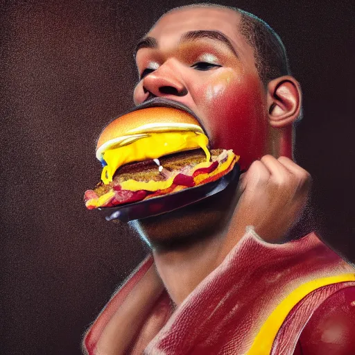 Image similar to portrait photography of Kevin Durant in clown makeup eating a giant hamburger, extra ketchup and mustard with overflowing bacon lettuce and tomato, cinematic lighting, highly detailed, feminine ethereal, D&D, hearthstone, digital painting, artstation, concept art, smooth, sharp focus, illustration, art by Terry Moore and Greg Rutkowski and Alphonse Mucha