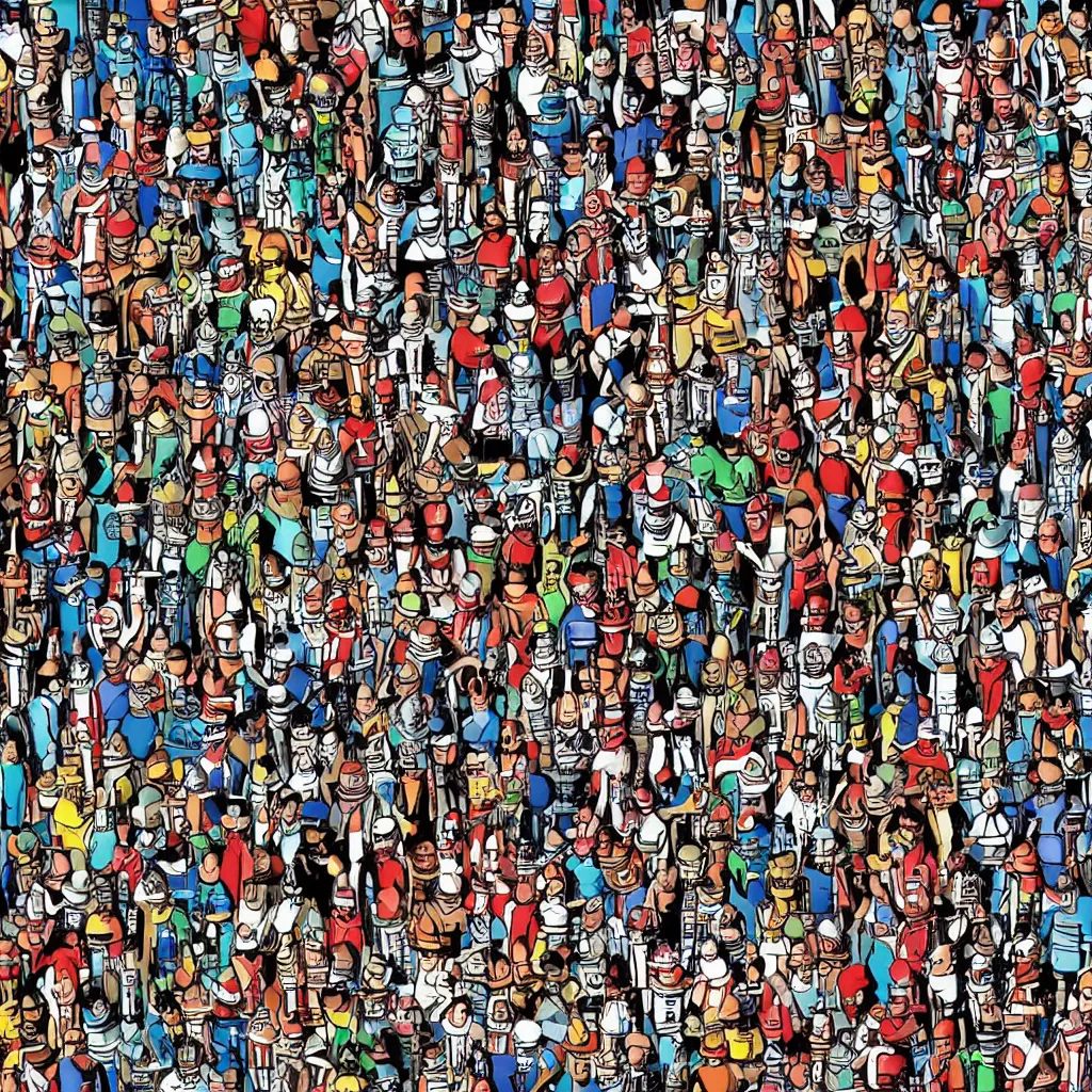 Image similar to Where's Waldo, on a futuristic robot battlefield