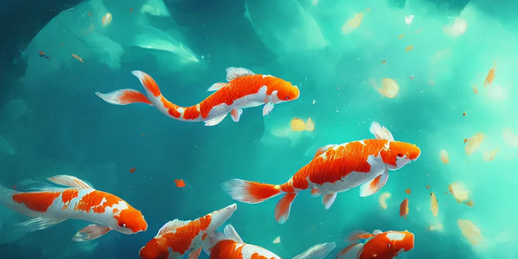 Image similar to koi fish floating in space, turquoise and emerald background, realistic detailed digital art by maxwell boas, jessica rossier, christian dimitrov, anton fadeev, trending on artstation, cgsociety, rendered in unreal engine, shadow of the tomb rider, soft colors, 4 k, hq