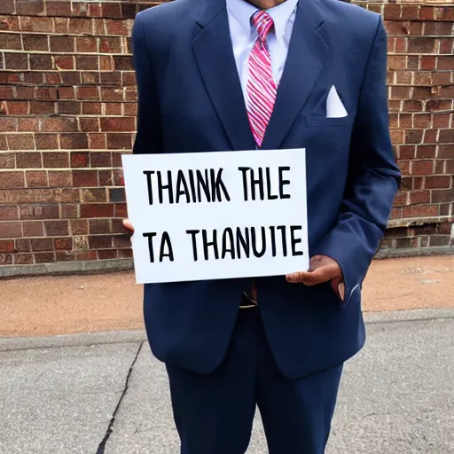 Image similar to a man wearing suite holding sign with text 'Thank you Stable Diffusion'