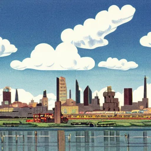 Prompt: 1 9 5 0 s city skyline overlooking a polluted lake, fluffy clouds flat colors
