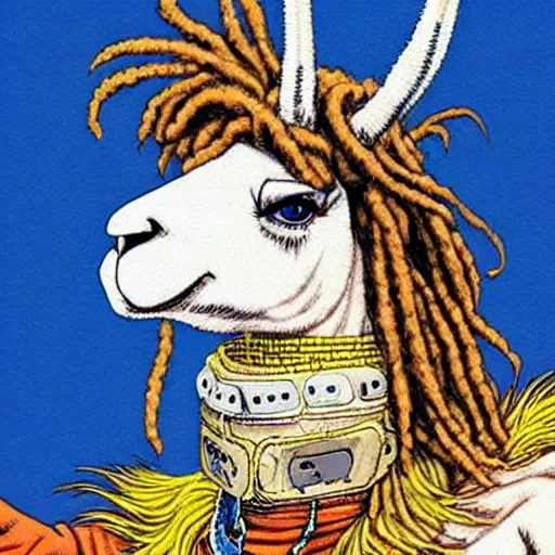 Image similar to llama with dreadlocks, heroic pose, by Katsuhiro Otomo, detailed, with beautiful colors