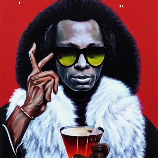 Image similar to beautiful fantasy character portrait, miles davis, bitches brew, wearing puffy bomber jacket with fur, by malti klarwein