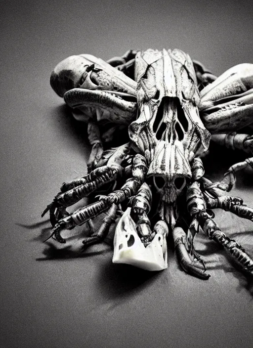 Image similar to hyper realistic photography of intricate bone skull insect lobster hybrid cinematic, symmetric detailed