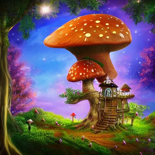 Prompt: Mushroom treehouse, fairy, magical, mystical, realistic, 4k