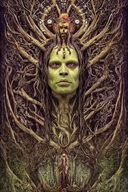 Prompt: 8k overdetailed maximalist ent darkfantasy art by oleksandra shchaslyva cinematic symmetric portrait of an ancient ent god emperor. Centered, uncut, unzoom charachter illustration. Ayahuasca visual manifestation. Surreal render, ultra realistic, zenith view. Inspired by giger feat peter gric and bekinski. Overpainted by salviadroid. Slightly Decorated with Sacred geometry and fractals. Extremely ornated. artstation, cgsociety, unreal engine, ray tracing, detailed illustration, hd, 4k, digital art, overdetailed art. Intricate omnious visionary darkscifi fantastic realism concept art. complementing colors. Trending on artstation, deviantart