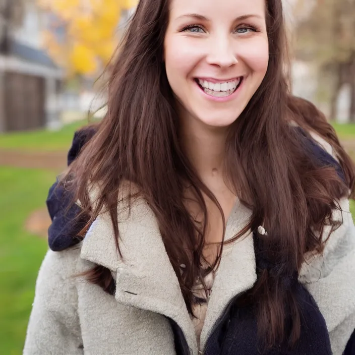 Image similar to a beautiful girl from minnesota, brunette, joyfully smiling at the camera opening her brown eyes. thinner face, irish genes, dark chocolate hair colour, wearing university of minneapolis coat, perfect nose, morning hour, plane light, portrait, minneapolis as background. healthy, athletic, in her early 2 8 s