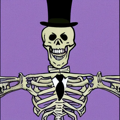Prompt: skeleton wearing a suit and top hat