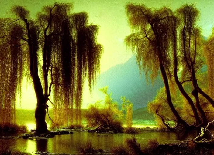 Image similar to oil painting of a willow tree next to a raging river by albert bierstadt, beautiful lighting