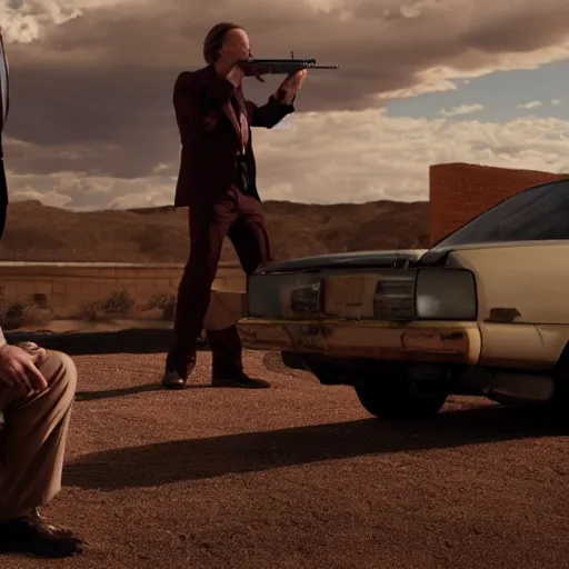 Prompt: saul goodman killing walter white with a gun, better call saul, breaking bad, 4 k, high resolution