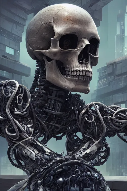 Image similar to Ultra realistic illustration of a robot sitting holding a human skull!!!!!!!, cyberpunk, sci-fi, fantasy, intricate, elegant, highly detailed, digital painting, artstation, concept art, smooth, 8k octane render, extremely hyperdetailed, intricate complexity, sharp focus, illustration, art by artgerm and greg rutkowski and blizzard studios