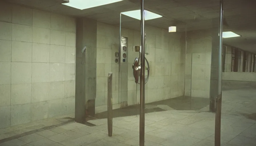 Image similar to 60s movie still of a sovietic stalinist style empty Infinite public shower, cinestill 800t 50mm eastmancolor, liminal Space style, heavy grain-s 150