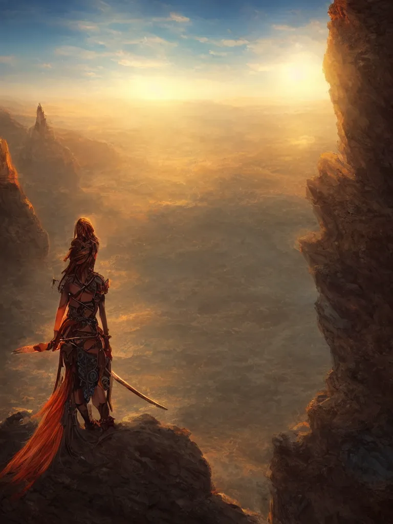 Prompt: an pretty warrior woman stands on a cliff facing the sun during a sunset, artistic composition, cinematic, highly detailed, sharp focus, intricate concept art, digital painting, colorful flat surreal design, hd, 8 k, artstation, ambient lighting