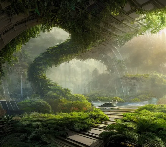 Prompt: Horizontal view, massive scale, animation concept art, Breath of the wilde, studio ghibli style, Clear reflection, A Luxury Monumental Futuristic Castle in Art Nouveau Architecture, Crystal clear, sun rays:1.5 Lush vegetation with ferns, miyazaki, Craig Mullins dappled lighting, octane render, cinematic, photographic, realistic, highly detailed