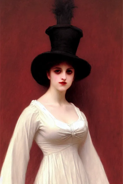 Image similar to victorian vampire in a big hat, white dress, painting by rossetti bouguereau, detailed art, artstation