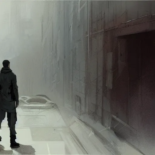 Image similar to concept art by greg rutkowski, a very tall and slender young man, dressed in patient clothes and an open sweatshirt, wandering through the desolate, futuristic, brutalist interior of a space colony, depressing atmosphere, low lighting, scifi, highly detailed portrait, digital painting, artstation, concept art, smooth, sharp foccus ilustration, artstation hq