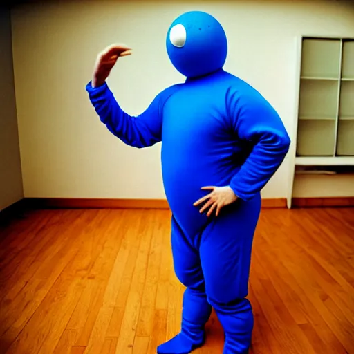 Prompt: a spherical man in a blue morphsuit waddling across the room, 3 5 mm, film shot