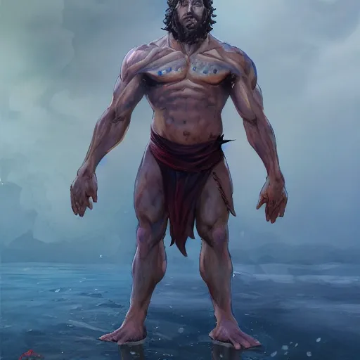 Prompt: distant full body view, aaron taylor johnson as a sea titan in toga, speedo, barefoot, black hair, digital painting, concept art, smooth, sharp focus, illustration by artgerm, yoshitaka amano, krenz cushart, shinji aramaki