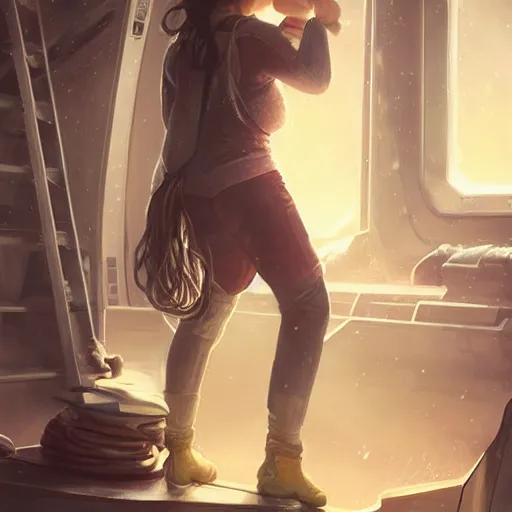 Image similar to epic portrait an woman engineer fixing an starship during winter, white t shirt with a vest, pretty face, glossy skin, beauty digital painting, artstation, concept art, soft light, hdri, smooth, sharp focus, illustration, fantasy, intricate, elegant, highly detailed, D&D, matte painting, in the style of Greg Rutkowski and Alphonse Mucha and artemisia, 8k, highly detailed, jurgens, rutkowski, bouguereau, pastoral, rustic, georgic