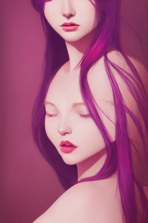 Image similar to centered detailed portrait of a beautiful intimate woman with long purple crystal hair and a beautiful red dress, by Ilya Kuvshinov