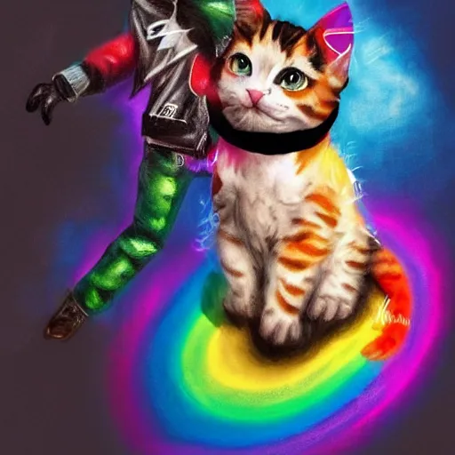 Image similar to wide angle full body, jacket wearing fluffy cute rainbow kitten wearing a black leather motorcycle jacket, concept art