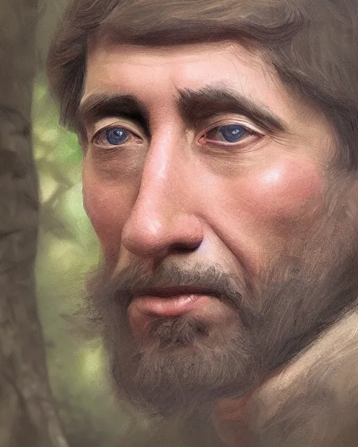 Image similar to henry thoreau in the woods portrait painting highly detailed procreate, 3d render senior artist, photorealistic, textured, featured on artstation