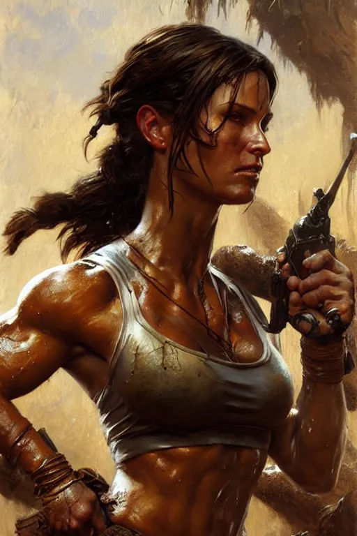 Image similar to muscular sweat lara croft, covers with mud exhausted face close up, highly detailed painting by gaston bussiere, craig mullins, j. c. leyendecker 8 k