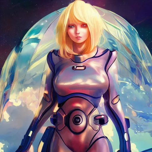 Prompt: blonde anime girl in a futuristic spacesuit, space background, atmospheric, volumetric lighting, glowing lights, 4k, octane, digital painting, artstation, concept art, sharp focus, illustration, art by artgerm and greg rutkowski and alphonse mucha