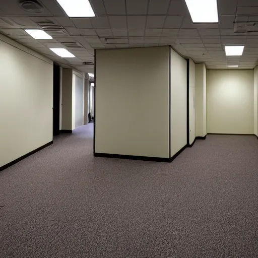 Prompt: the backrooms : an endless maze of randomly generated office rooms and other environments. it is characterized by the smell of moist carpet, walls with a monochromatic tone of dirty off - white, 1 9 8 0's style carpeted walls and buzzing fluorescent lights % 5 0 working, general sense of run down and abandonment