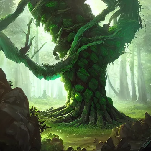 Image similar to green tree giant ents, tree giant, epic fantasy style, in the style of Greg Rutkowski, hearthstone artwork