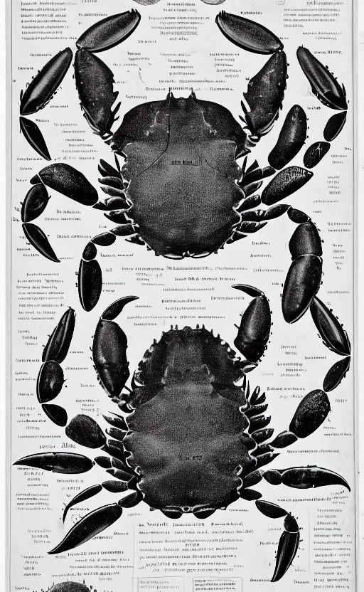 Image similar to a page of crab anatomy atlas, 1 9 0 0 s, highly detailed