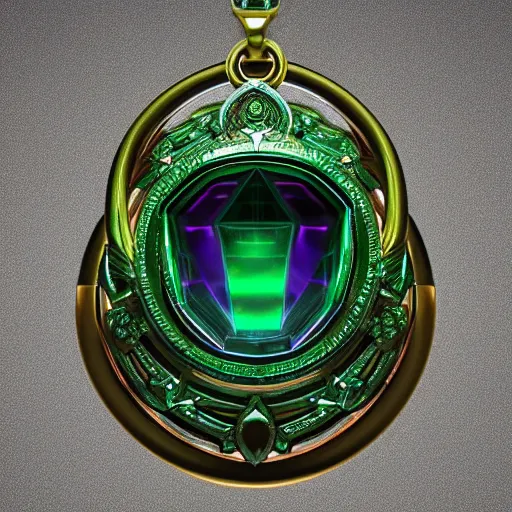 Prompt: shiny metallic amulet with a glowing emerald, highly detailed, concept art, beautiful, octane render