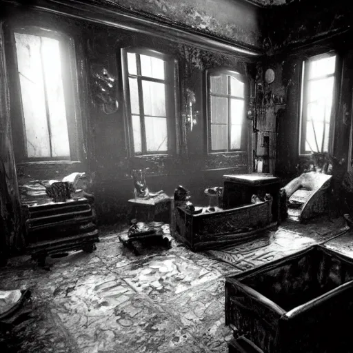 Prompt: very old black and white photo of room of a dark mansion, objects from ritual in the ground, realistic, highly detailed, background of resident evil game, guillermo del toro