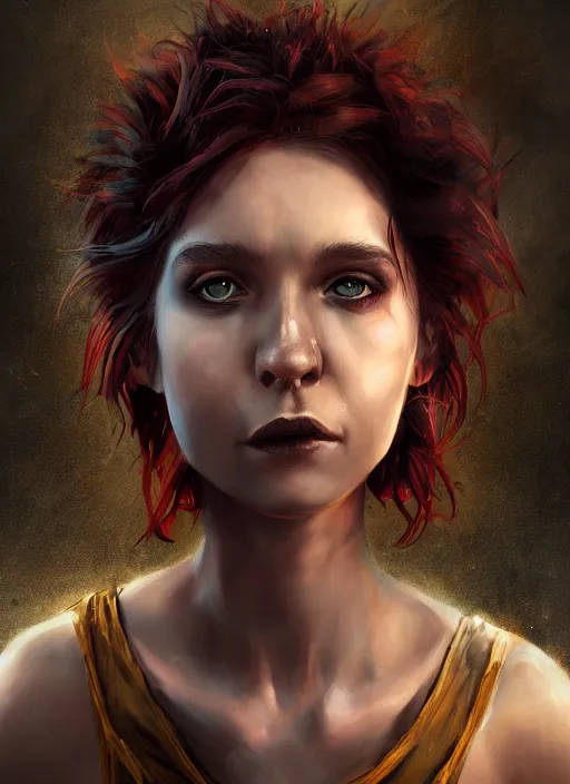 Image similar to an epic fantasy comic book style portrait painting of a girl with short straggly hair, low lethargic insouciance voice with a drawl wearing a ragged dress, unreal 5, daz, hyperrealistic, octane render, cosplay, rpg portrait, dynamic lighting