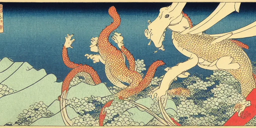 Image similar to ukiyo - e woodblock print of a water dragon flying over a shinto shrine, by hokusai