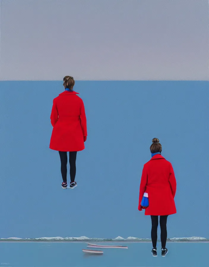 Image similar to wide shot rear view photographer woman hair in a bun long red stripe coat backpack sneakers taking photo with nikon camera in hand while looking out over a placid blue lake, a character design painting, in the style of wes anderson, lola dupre, david hockney, isolated on negative white space background dark monochrome fluorescent spraypaint accents volumetric octane render, no double figure