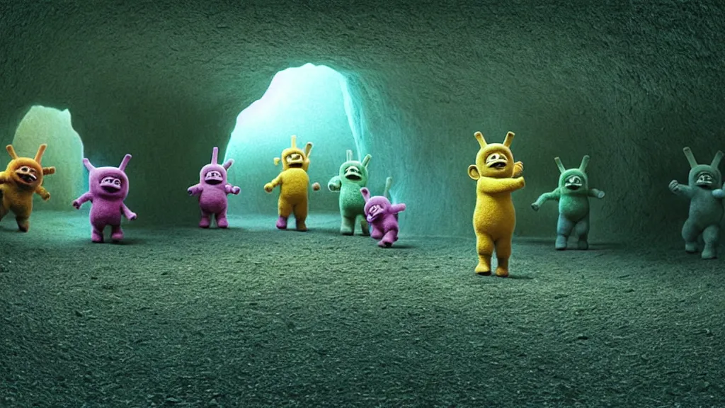 Image similar to Deranged Teletubbies form a cave out of their bodies , film still from the movie directed by Denis Villeneuve with art direction by Zdzisław Beksiński, wide lens