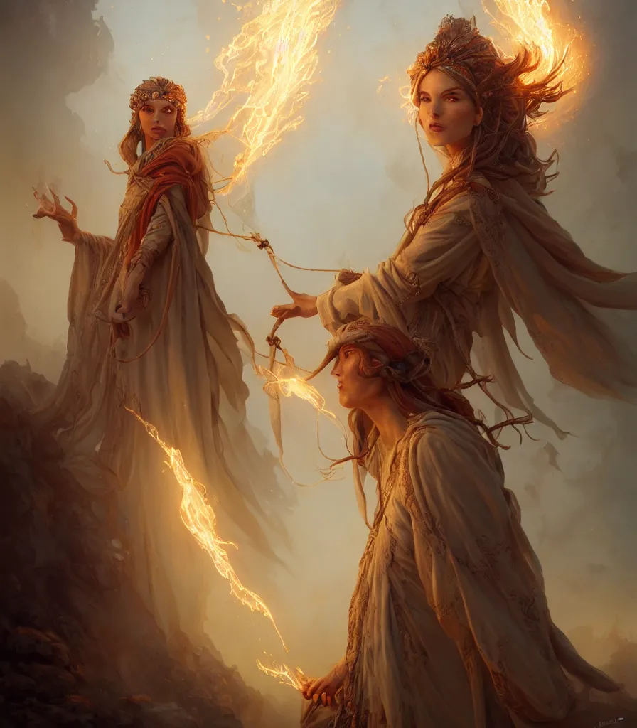 Prompt: oil portrait | full medium shot | front close - up | one character | dressed in long rags, fire in your hair, ethereal, biblically accurate goddess, multidimensional background, tiny engraved ornaments of white gold in your face, octane render, devianart, fine art, intrincate. by peter mohrbacher, marc simonetti and anna podedwor