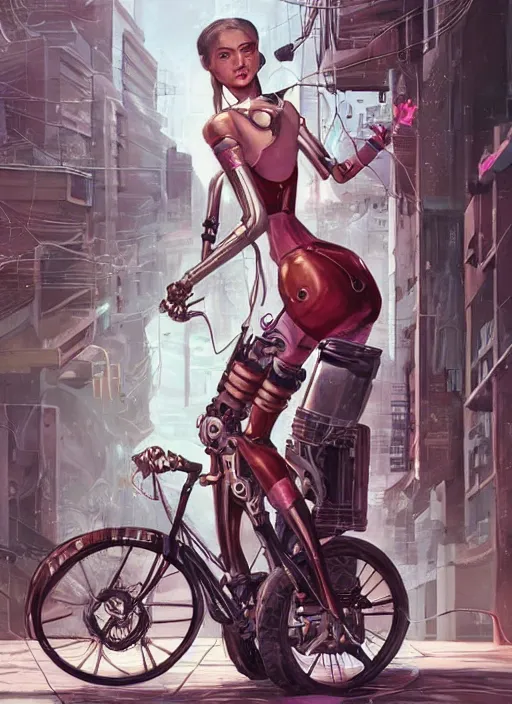 Image similar to An epic fantastic realism comic book style painting of a beautiful girl on a bicycle with robot legs, robotics, long pigtails hair, asian girl, cyberpunk, Concept world Art, ultrarealistic, hyperrealistic, dynamic lighting by Paolo Eleuteri Serpieri