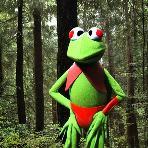 Prompt: kermit the frog as a holy sacred god on acid in the woods by john chamberlain