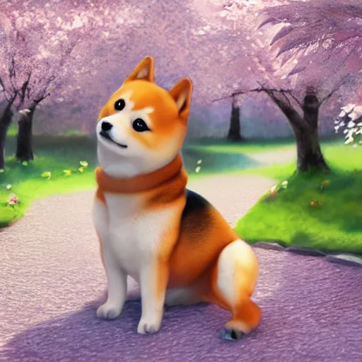 Image similar to a cute fluffy shiba inu plays under the cherry blossom tree, highly detailed, digital painting, artstation, concept art, movie still, smooth, sharp focus uhd 8 k