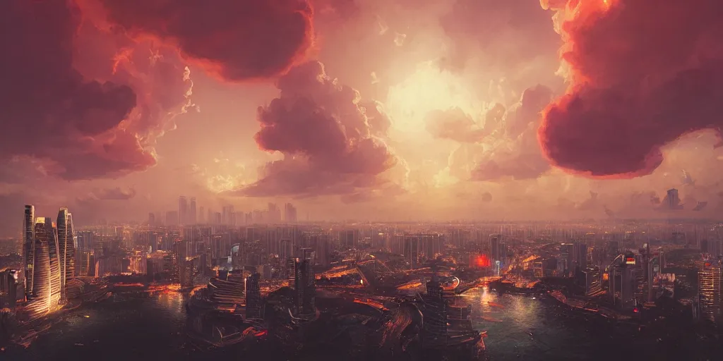 Image similar to Singapore city with a (lion-shaped cloud) in the sky, by greg rutkowski, red and white lighting, digital art, ultra realistic, ultra detailed, photorealistic, 4k, character concept