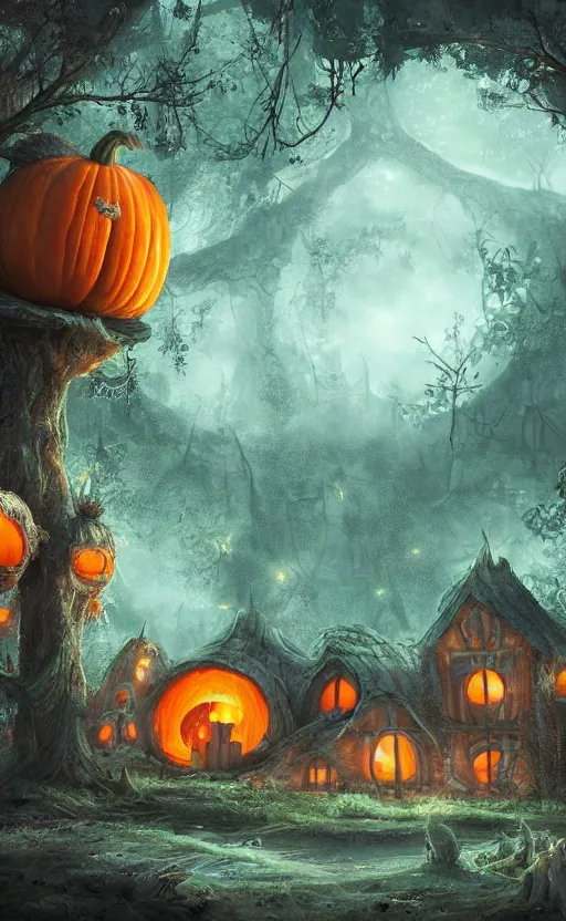 Image similar to a giant pumpkin house in the middle of a forest at night, the lights are on, dynamic lighting, photorealistic fantasy concept art, trending on art station, stunning visuals, creative, cinematic, ultra detailed