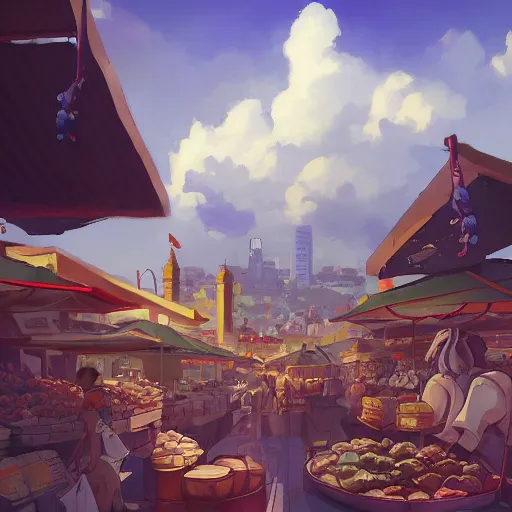 Image similar to a city market and the blue sky with clouds in the distance, in the style of peter mohrbacher