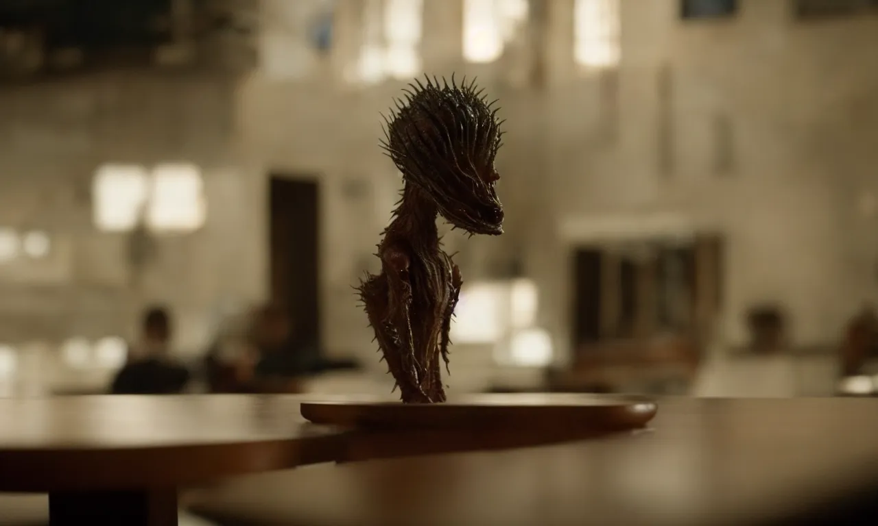 Image similar to a strange creature sits at a table, film still from the movie directed by Denis Villeneuve with art direction by David Cronenberg, close up, telephoto lens, shallow depth of field