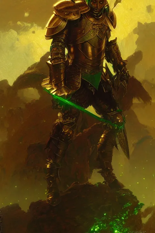 Prompt: bronze skinned elf with golden hair, glowing eyes, wearing green plate armour portrait dnd, painting by gaston bussiere, craig mullins, greg rutkowski, yoji shinkawa