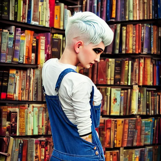 Image similar to full body pose, beautiful adult book fairy, pixar, short white hair shaved sides, dirty, grungy, grunge, long sleeve, painted overalls, stacks of giant books, highly detailed, 4 k, hdr, smooth, sharp focus, high resolution, award - winning photo, artgerm, photorealistic