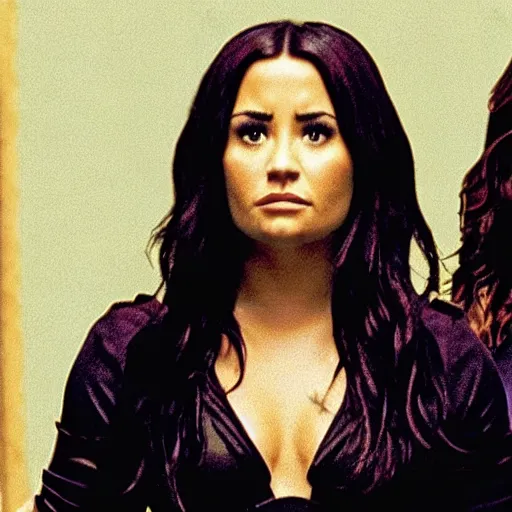 Image similar to close-up of Demi Lovato as Piper Halliwell and Selena Gomez as Phoebe Halliwell and Ariana Grande as Prue Halliwell in a Charmed movie directed by Christopher Nolan, movie still frame, promotional image, imax 35 mm footage